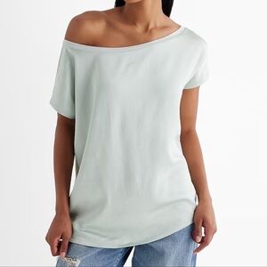 Express Satin Front Off The Shoulder Short Sleeve London Tee